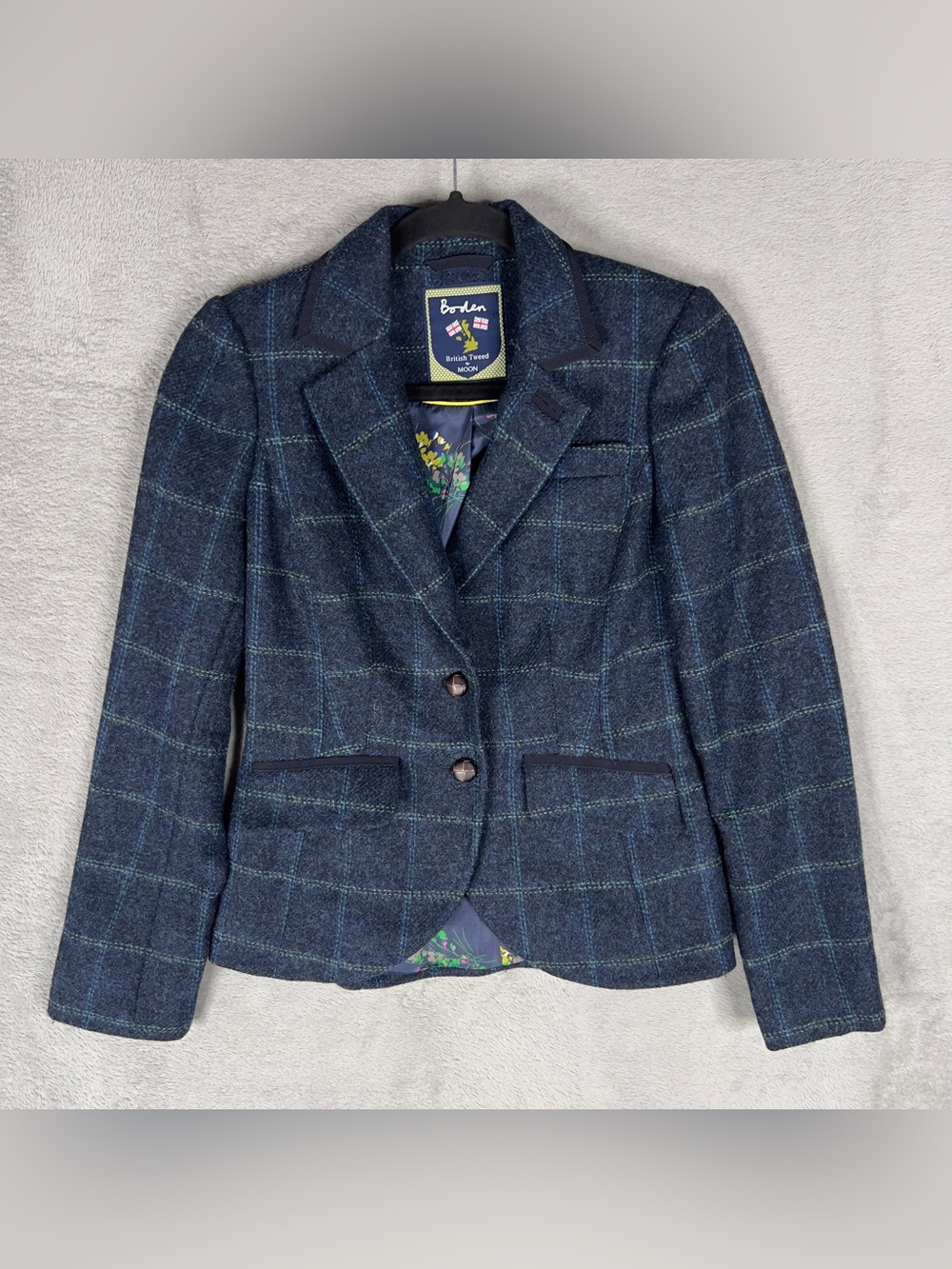 Boden British Tweed by Moon Wool Plaid Blazer Women's U.S. 4R Blue Green Lined